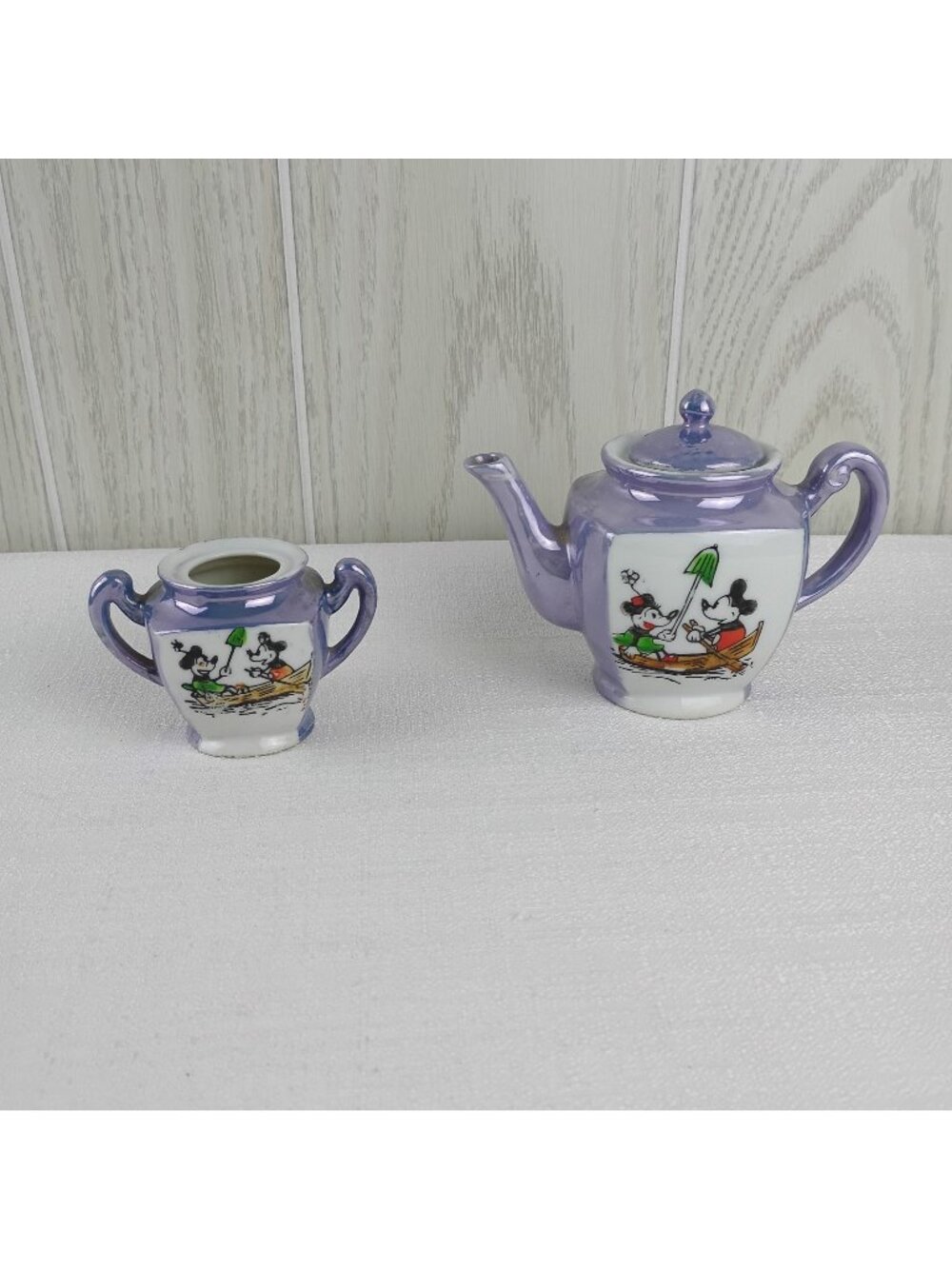 Vintage Mickey Minnie Mouse Lusterware Child's Tea Teapot Walt Disney Japan